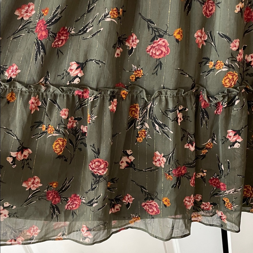 Anthropologie Drew Green Floral Chiffon Smocked High Neck Long Sleeve Dress - Picture 6 of 14
